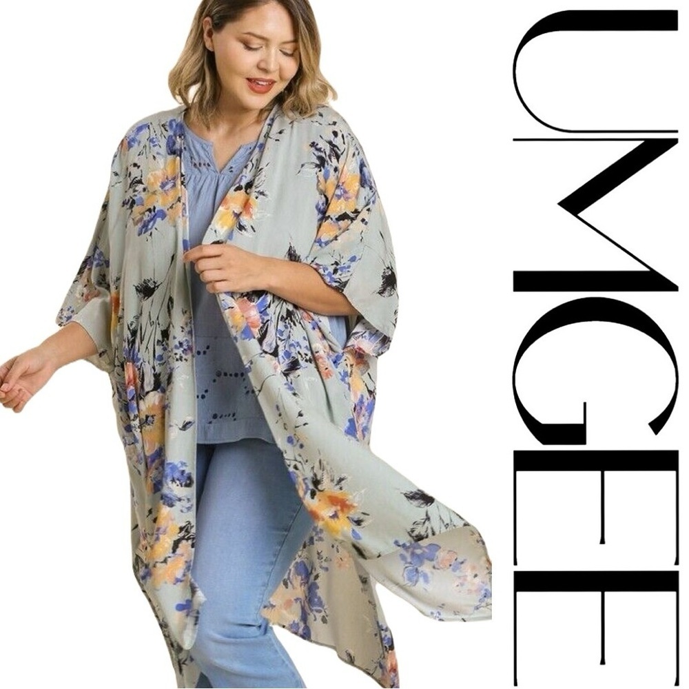 Umgee+ Sage Mix Floral Print Side Slit Duster / Kimono Size XL/ XXL